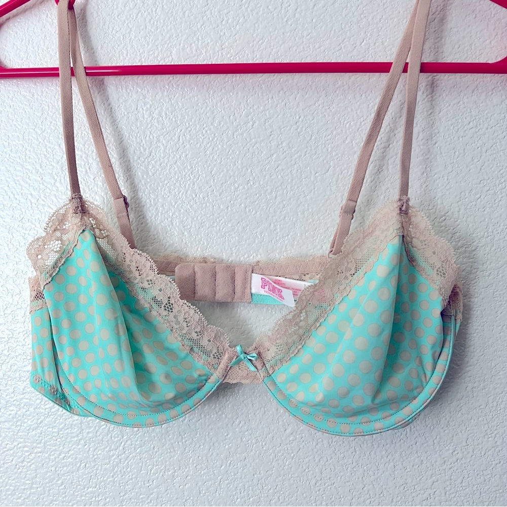 PINK Victoria’s Secret Aqua Polka Dots Unlined Demi Bra - Sz 36B
